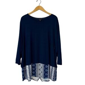 J Jill Wearever Collection Top Womens 3X Navy Striped Hemline 3/4 Sleeve Stretch